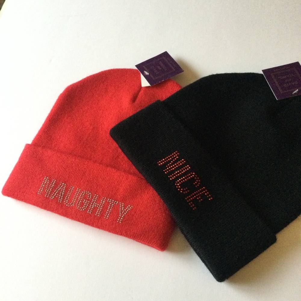 DAVID & YOUNG PAIR OF NICE AND NAUGHTY BEANIES BLACK RED CRYSTAL EMBELLISHED OS